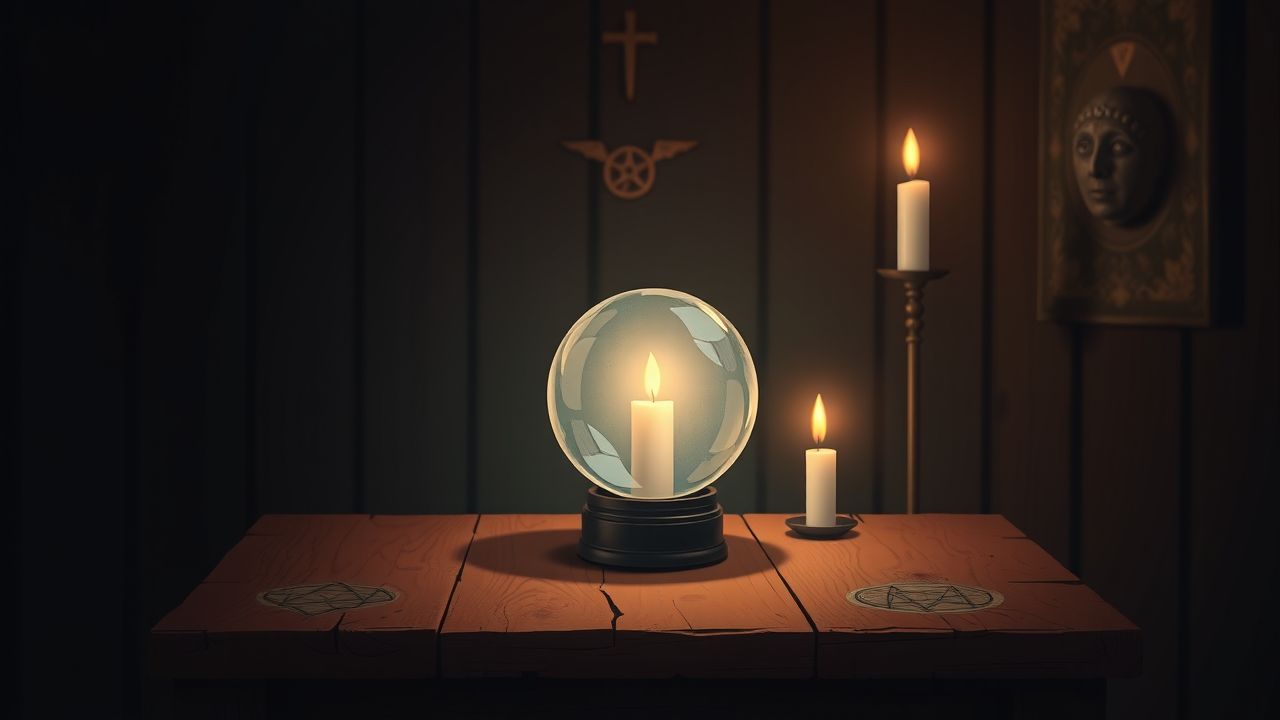 Een oude kristallen bal met mystieke versieringen op een houten tafel. Een oude kristallen bal met mystieke versieringen op een houten tafel.