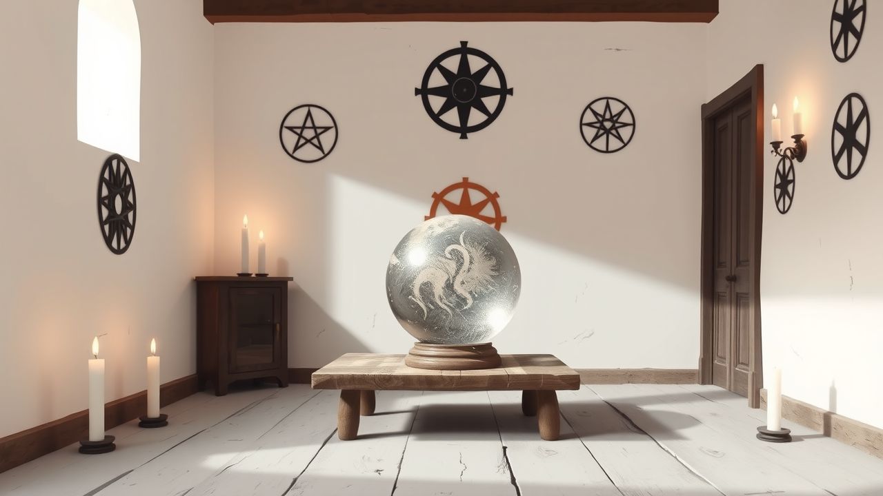 Een oude kamer met een kristallen bal en kaarsen.