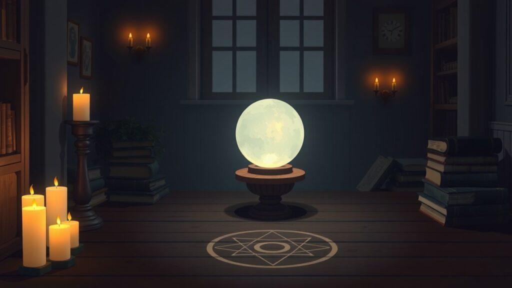 Een mysterieuze kamer met een glazen bol, kaarsen en oude boeken.
