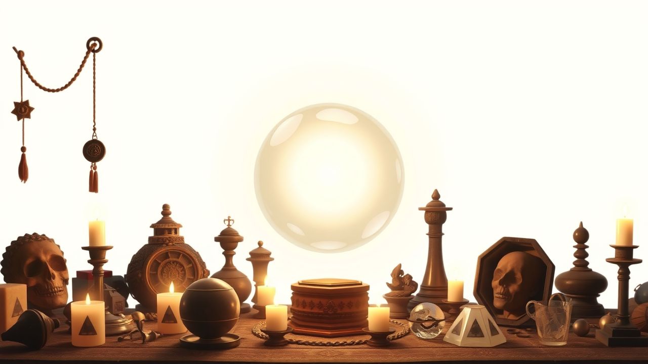 Een heldere kristallen bol omgeven door oude artefacten. Een heldere kristallen bol omgeven door oude artefacten.