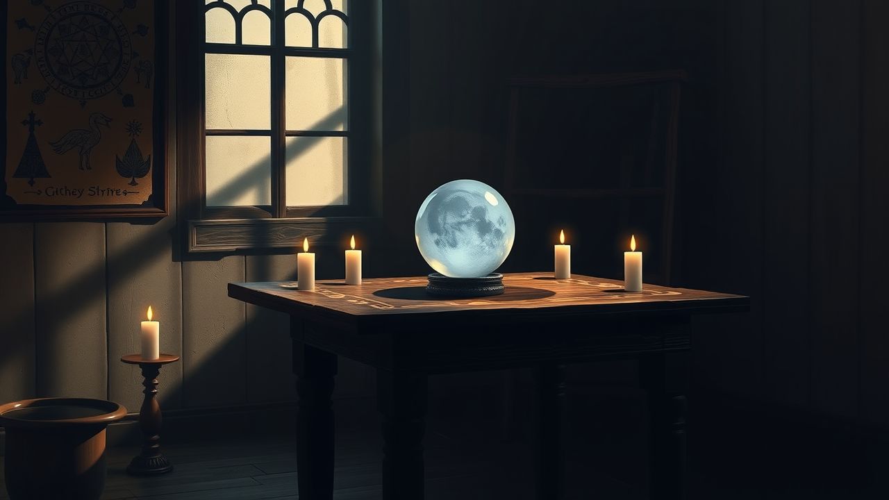 Een kristallen bol rust op een oude houten tafel in een mysterieuze kamer.