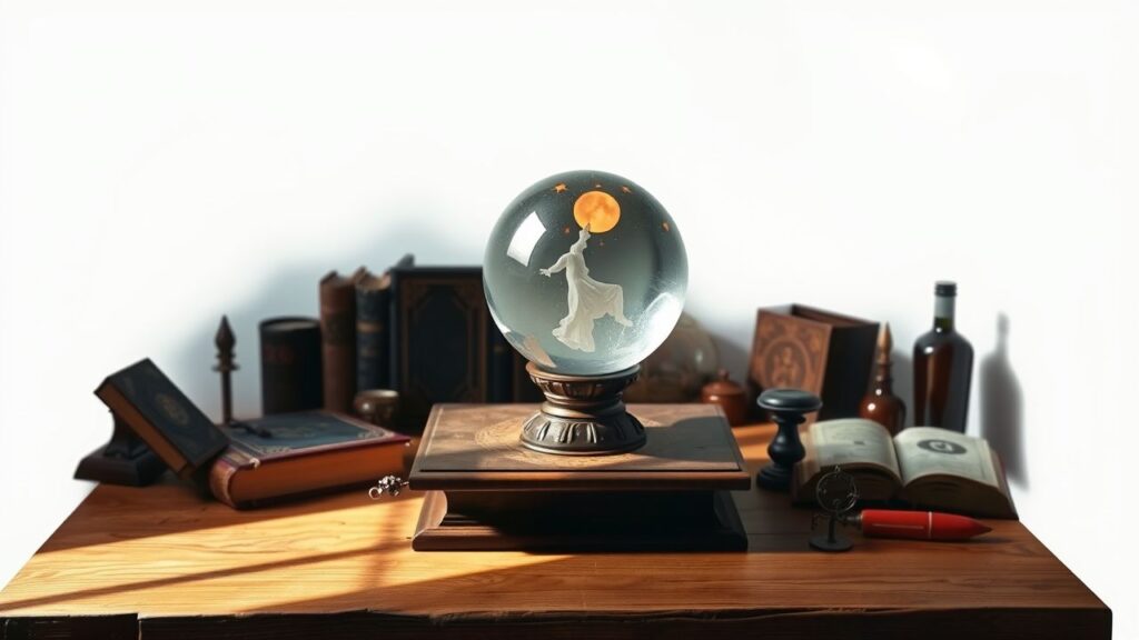Een mystieke kristallen bol omgeven door occulte voorwerpen op een tafel.