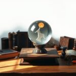 Een mystieke kristallen bol omgeven door occulte voorwerpen op een tafel.