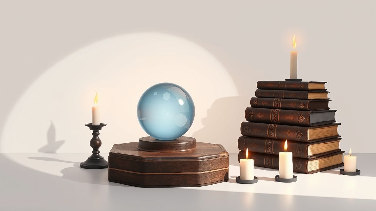 Een tafel met een kristallen bolkaarsen en boeken in een donkere kamer.