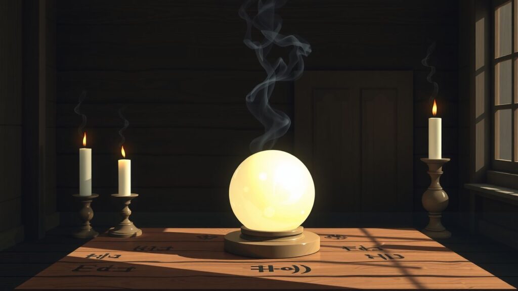 Een mysterieuze tafel met een kristallen bal, kaarsen en wierook.