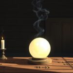 Een mysterieuze tafel met een kristallen bal, kaarsen en wierook.