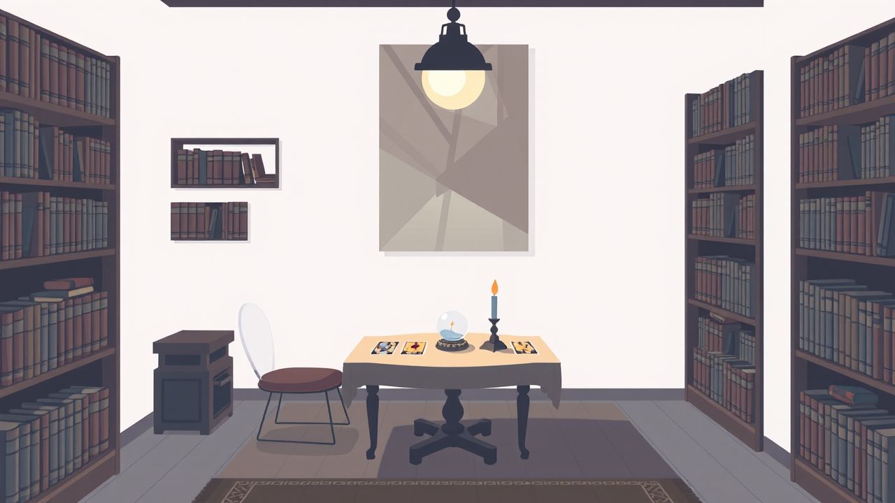 Een mystieke tafel met tarotkaarten, een kristallen bol en een kaars.