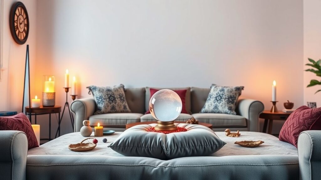 Een uitnodigende, comfortabele woonkamer met mystieke accenten en een glazen bol.