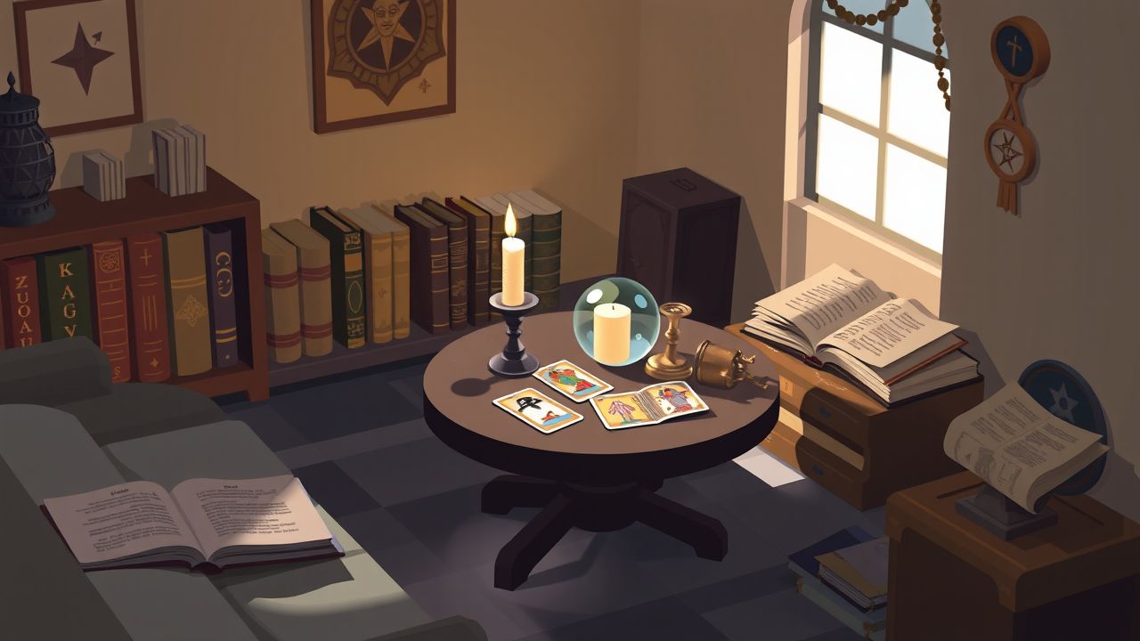 Een gezellige kamer met een tafel vol tarotkaarten en een kristallen bol.