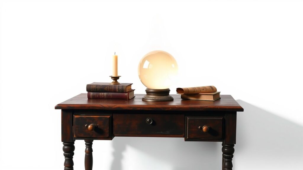 Een vintage houten bureau met een kristallen bal en oude boeken.