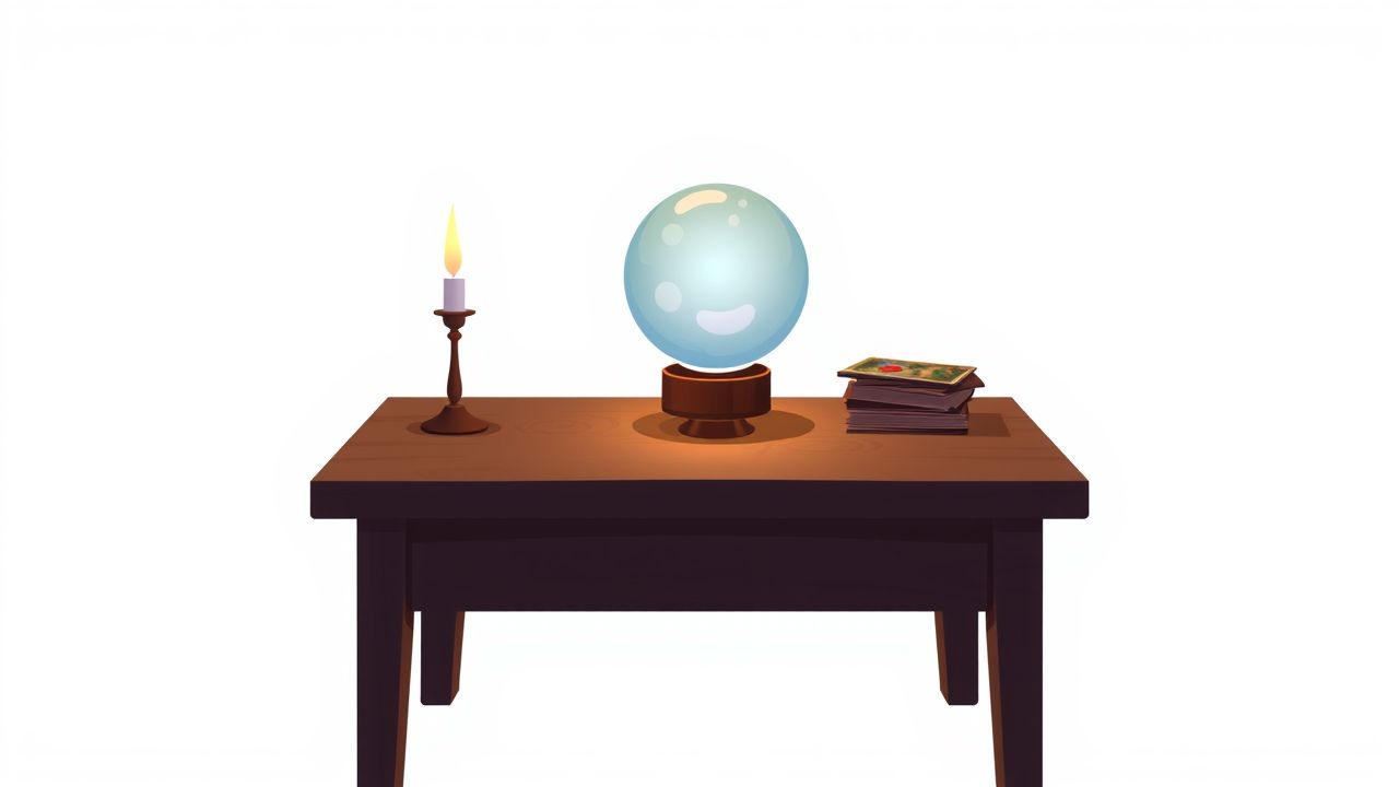 Een mysterieuze setting met een kristallen bol en tarotkaarten.