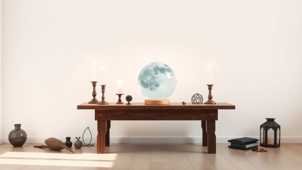 Een mystieke tafel met kristallen bol en kaarsen.