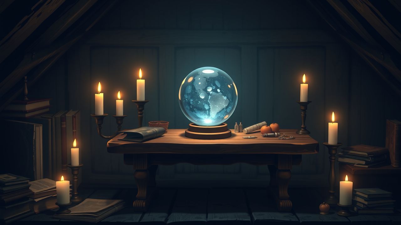 Een mystieke kristallen bol op een oude houten tafel in een zolderkamer.