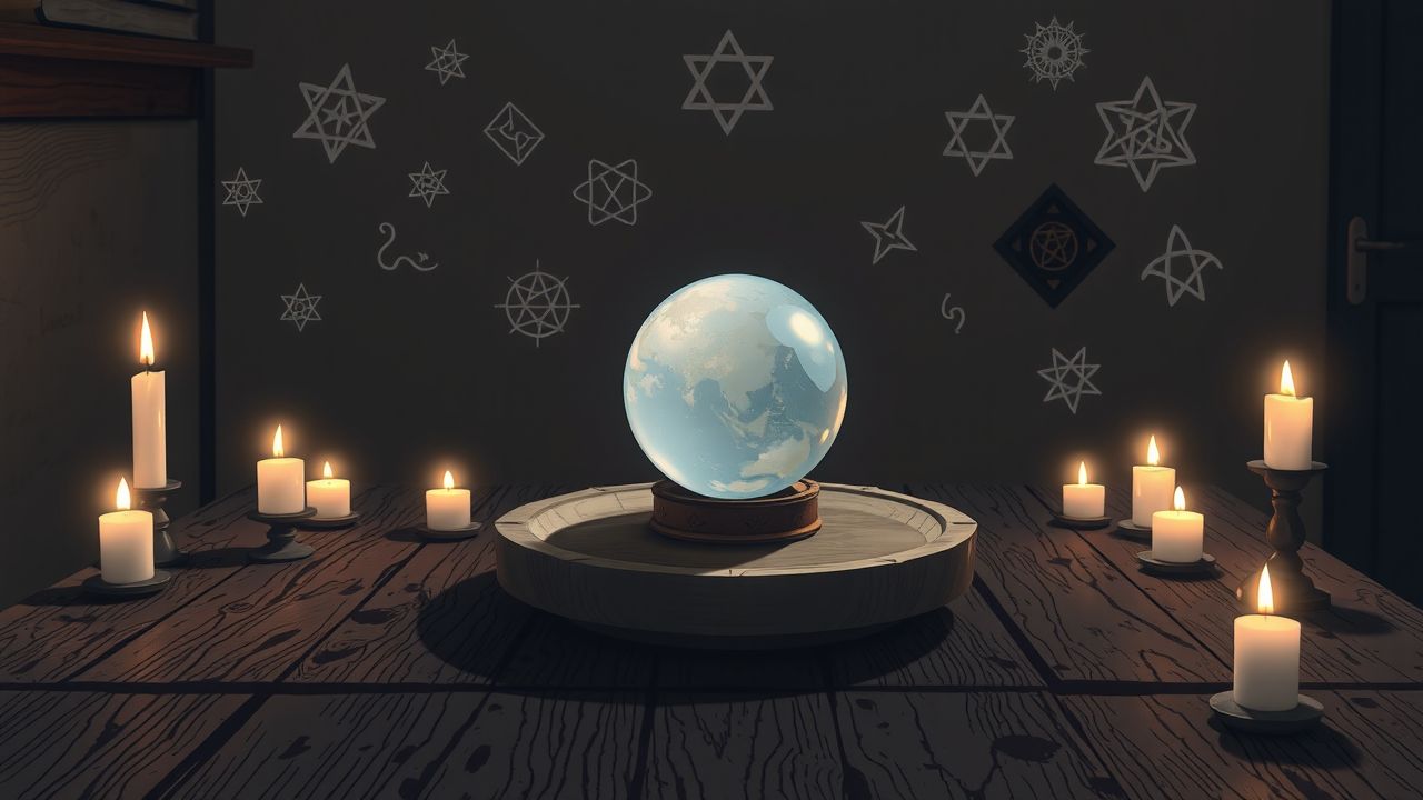 Een kristallen bol op een houten tafel omringd door kaarsen en mystieke symbolen.