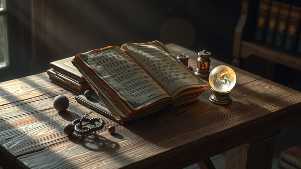 Een oude boek omringd door mystieke voorwerpen op een houten tafel.