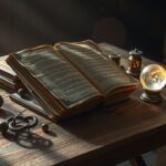 Een oude boek omringd door mystieke voorwerpen op een houten tafel.