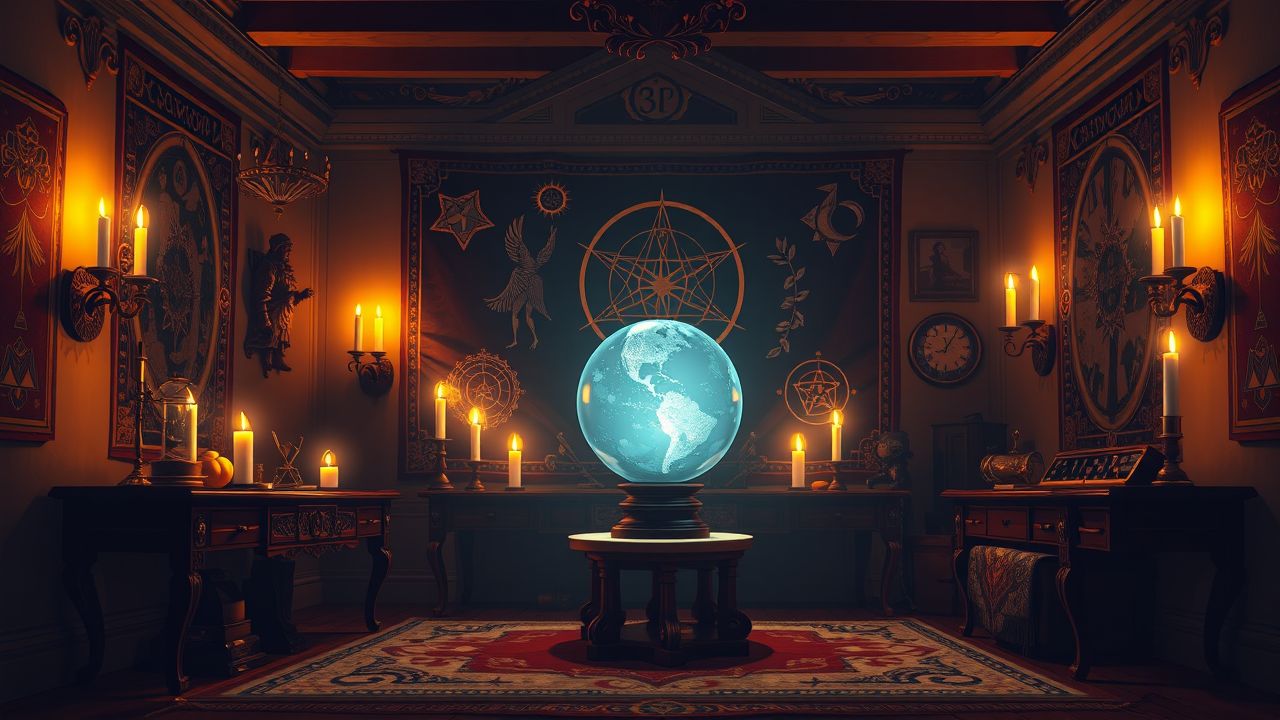 Een mystieke kamer met een kristallen bal en symbolen van helderziendheid. Een mystieke kamer met een kristallen bal en symbolen van helderziendheid.
