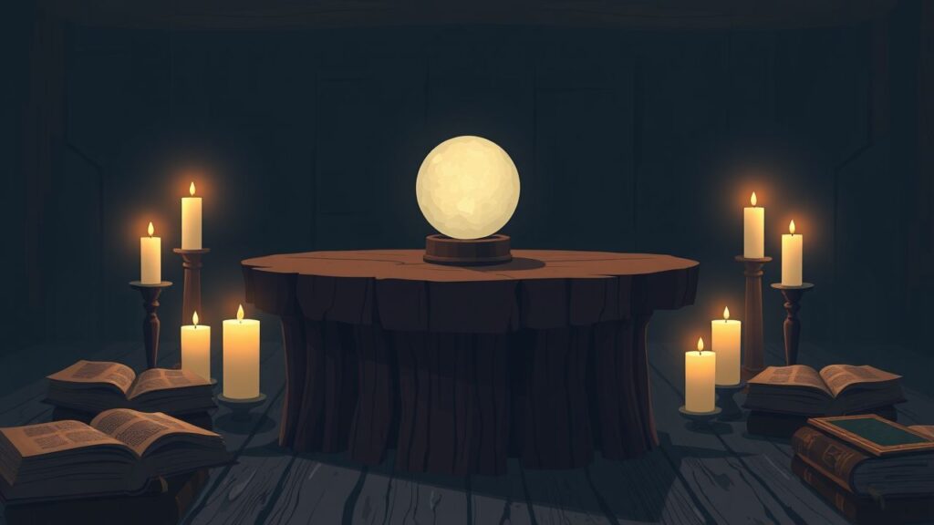 Een oude houten tafel met een glazen bol, kaarsen en boeken.