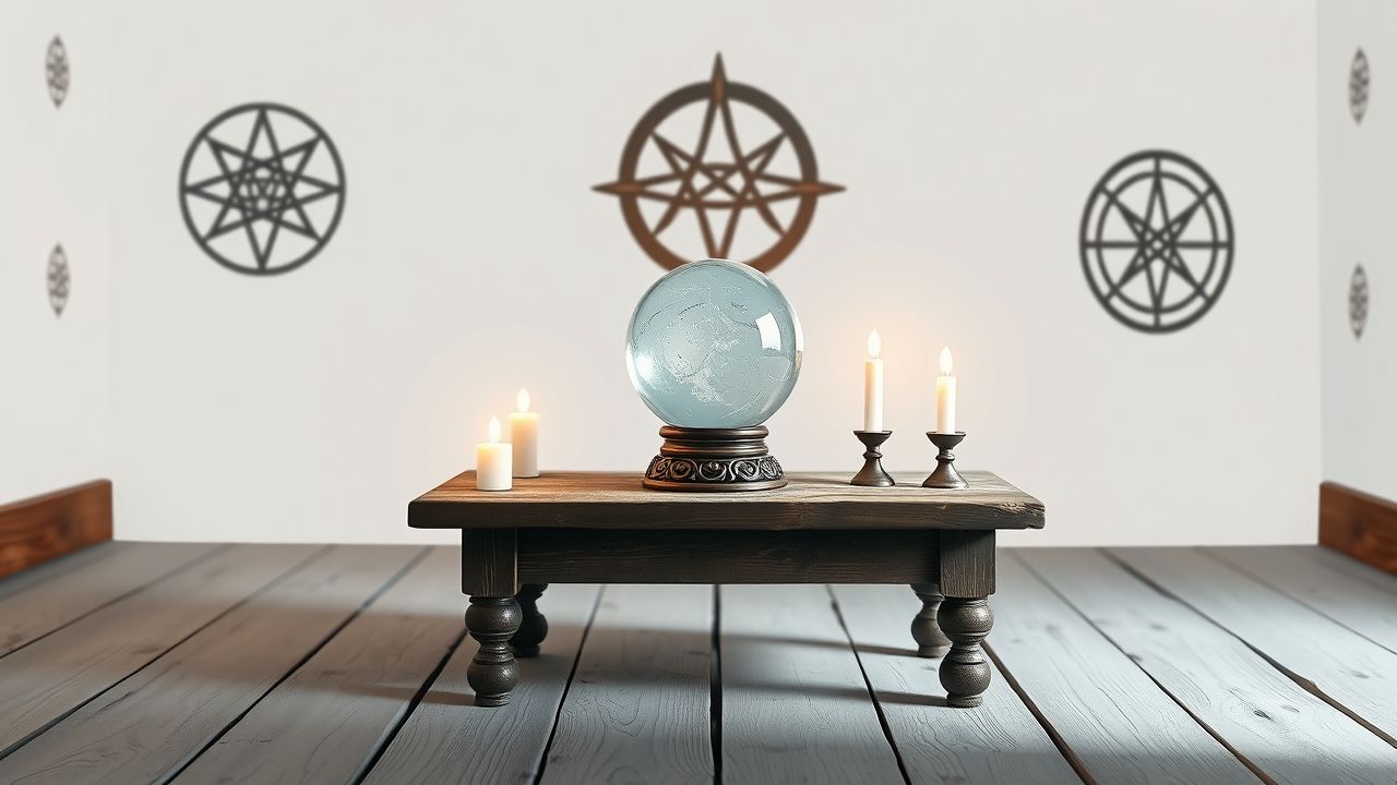 Een antique kristallen bol op een houten tafel met kaarsen.