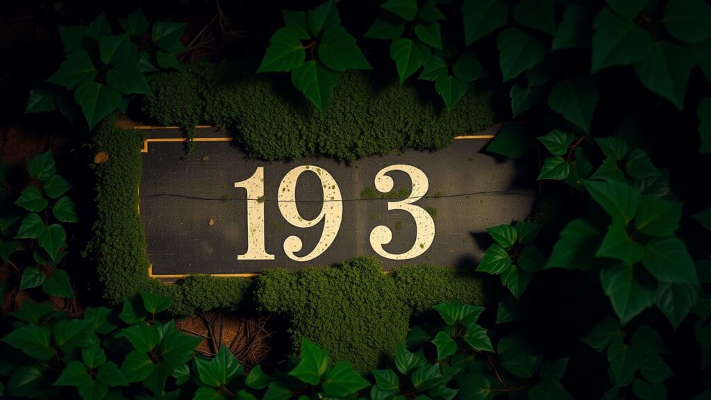 Een verweerd huisnummer omringd door mos en klimop in het zachte avondlicht.