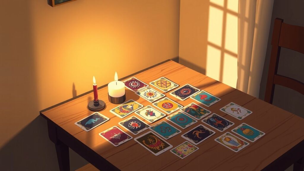 Een tafel met kleurrijke tarotkaarten en kaarsen, uitnodigend en mysterieus.