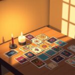 Een tafel met kleurrijke tarotkaarten en kaarsen, uitnodigend en mysterieus.