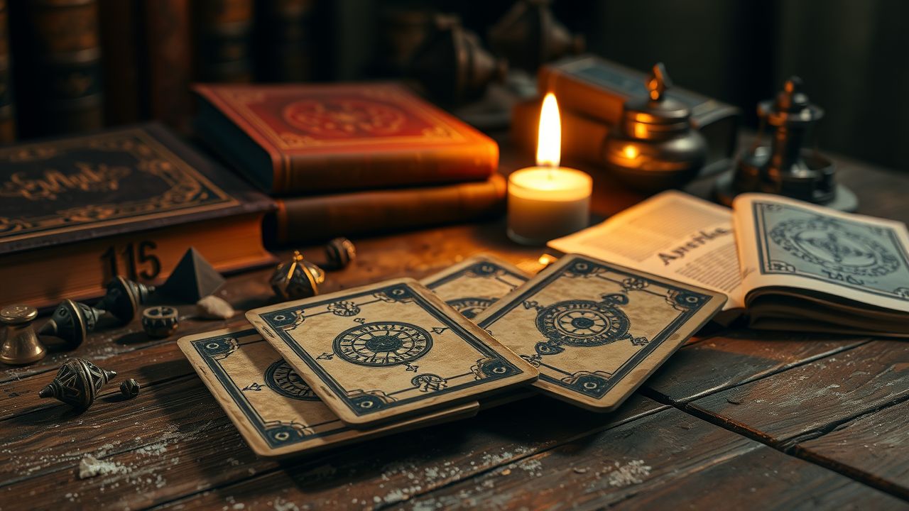 Een oude tarotkaartendek op een stoffige tafel met boeken.