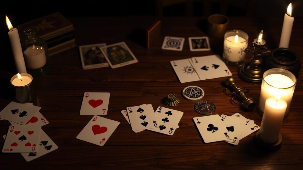 Een tafel vol speel- en tarotkaarten, en mystieke symbolen.