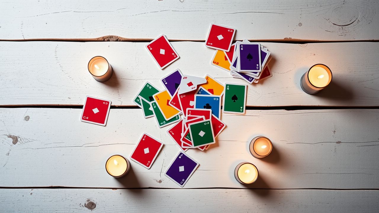 Een rommelige spread van kleurrijke speelkaarten op een houten tafel.
