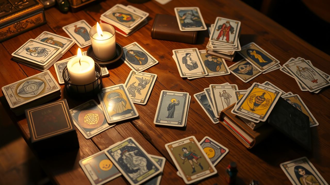 Een rommelige tafel met tarotkaarten en een kaars.