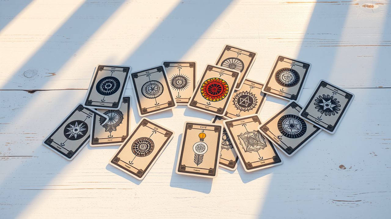 Een verspreid deck tarotkaarten op een houten tafel.