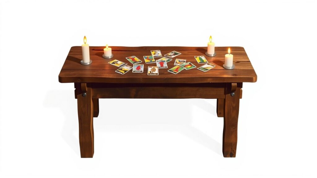 Een ongeorganiseerd dek van tarotkaarten op een houten tafel.