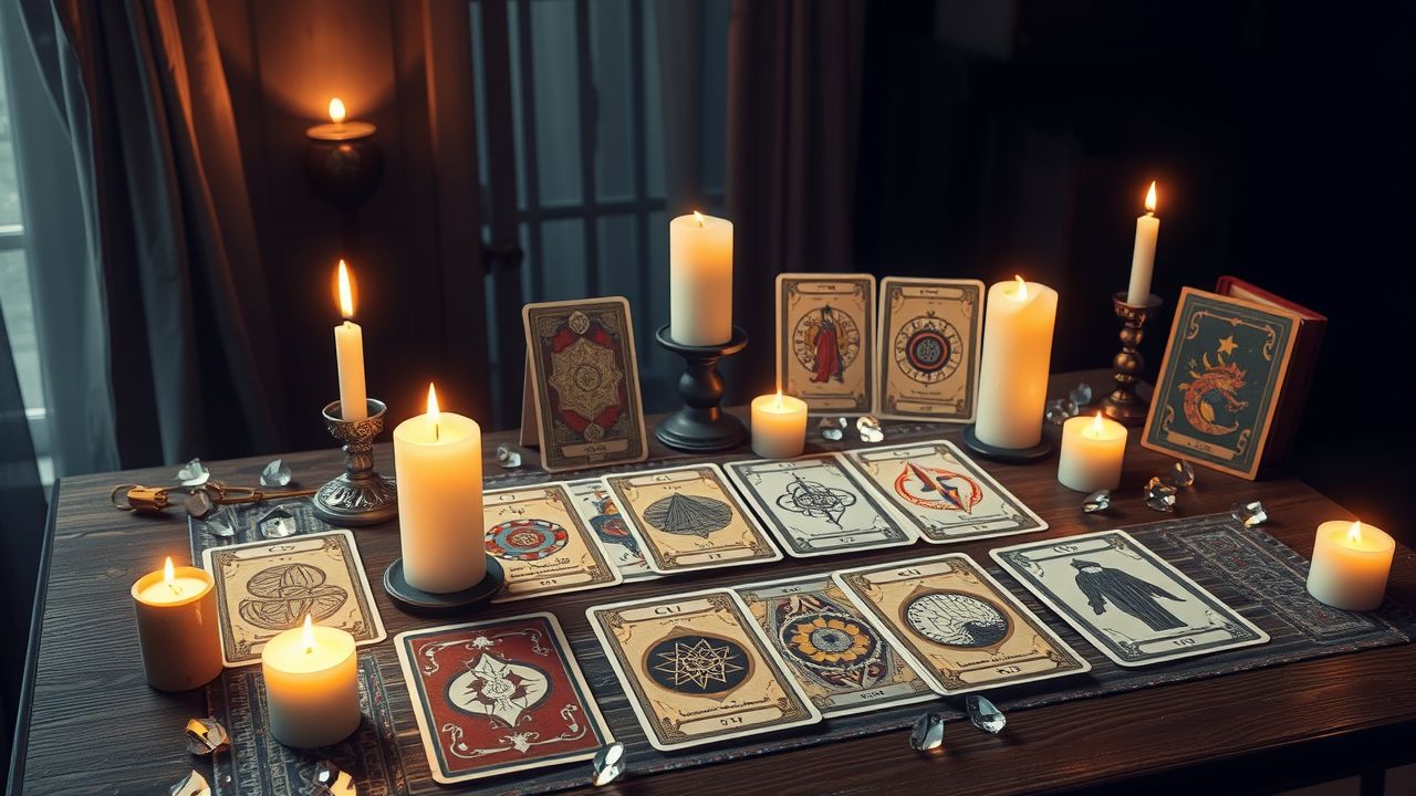 Een tafel met diverse tarot decks, kaarten, en glinsterende kristallen.