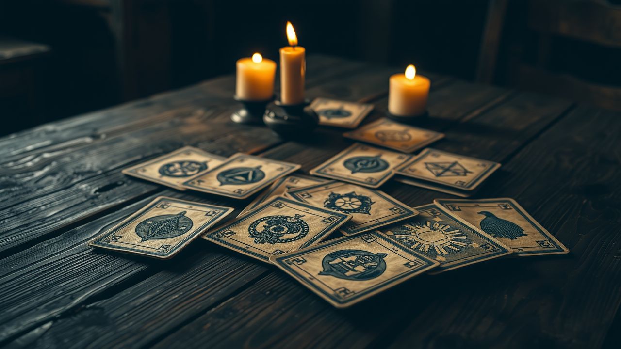 Een versleten Lenormand kaarten deck op een houten tafel.