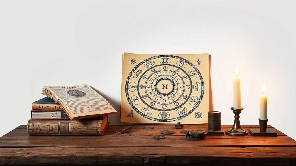 Een oude houten tafel met numerologieboeken en kaarslicht.