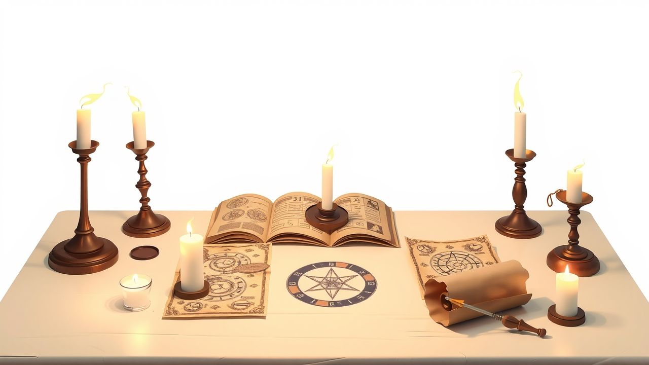 Een tafel bedekt met oude rollen en numerologiekaarten, verlicht door kaarslicht. Een tafel bedekt met oude rollen en numerologiekaarten, verlicht door kaarslicht.