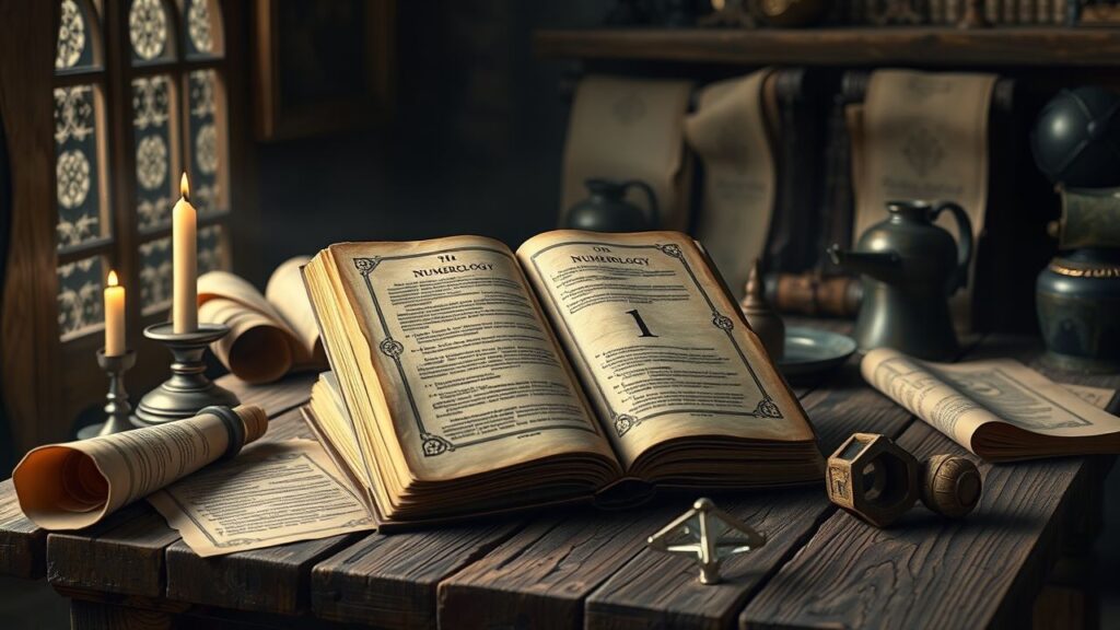 Een oude boek over numerologie, omringd door mysterieuze artefacten.
