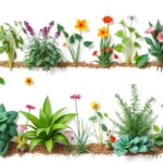 Een rustige tuin met gevarieerde planten en bloemen in platte designstijl.