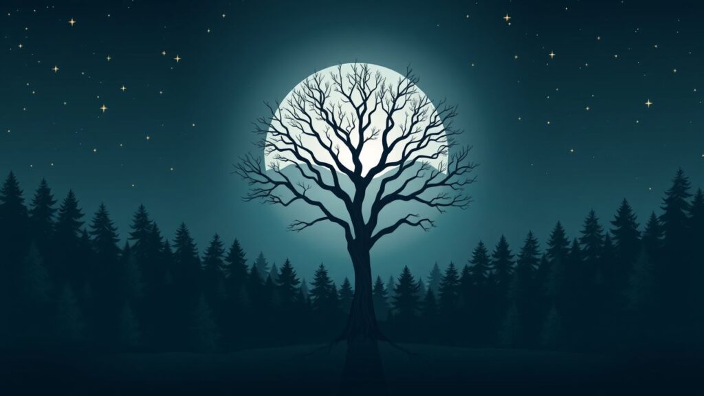 Een boom gevormd als het nummer '10' onder een volle maan.