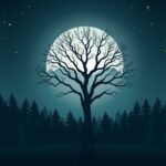 Een boom gevormd als het nummer '10' onder een volle maan.