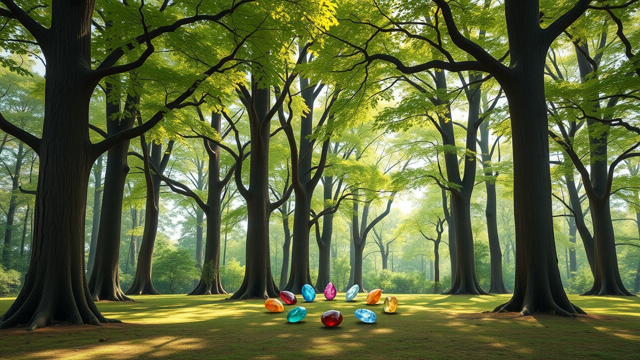 Een rustige bos open plek met kleurrijke edelstenen in een cirkel.