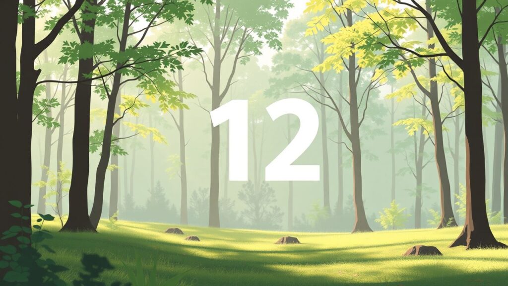 Een serene bosweide met subtiel geïncorporeerd nummer 12 in natuurlijke elementen.
