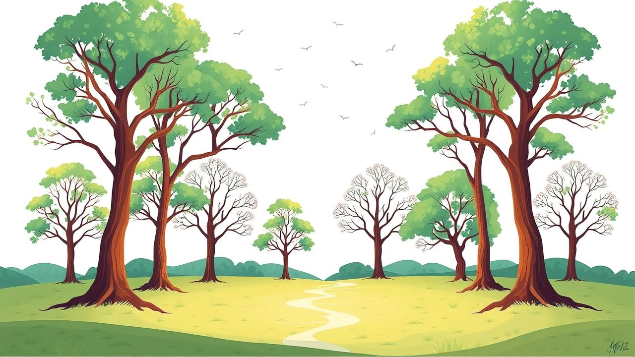 Een illustratie van een magische bosklaring met twaalf bomen die innerlijke groei en balans vertegenwoordigen.