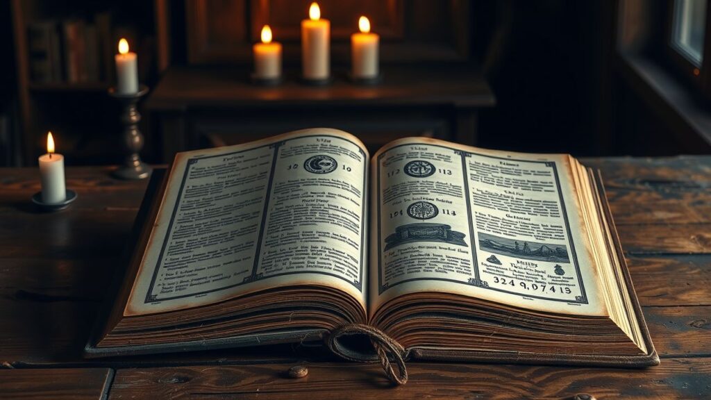 Een oude, mystieke boek met symbolen op een houten tafel.