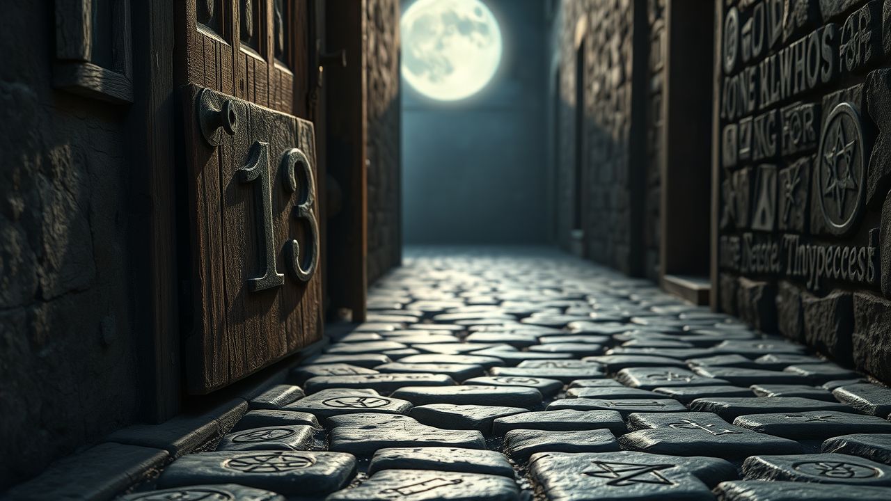 Een oude, vervallen huisnummer 13 aan een houten deur in een donker steegje.