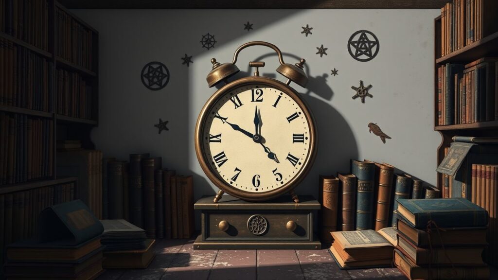 Een oude klok staat tussen verweerde boeken en mystieke symbolen.