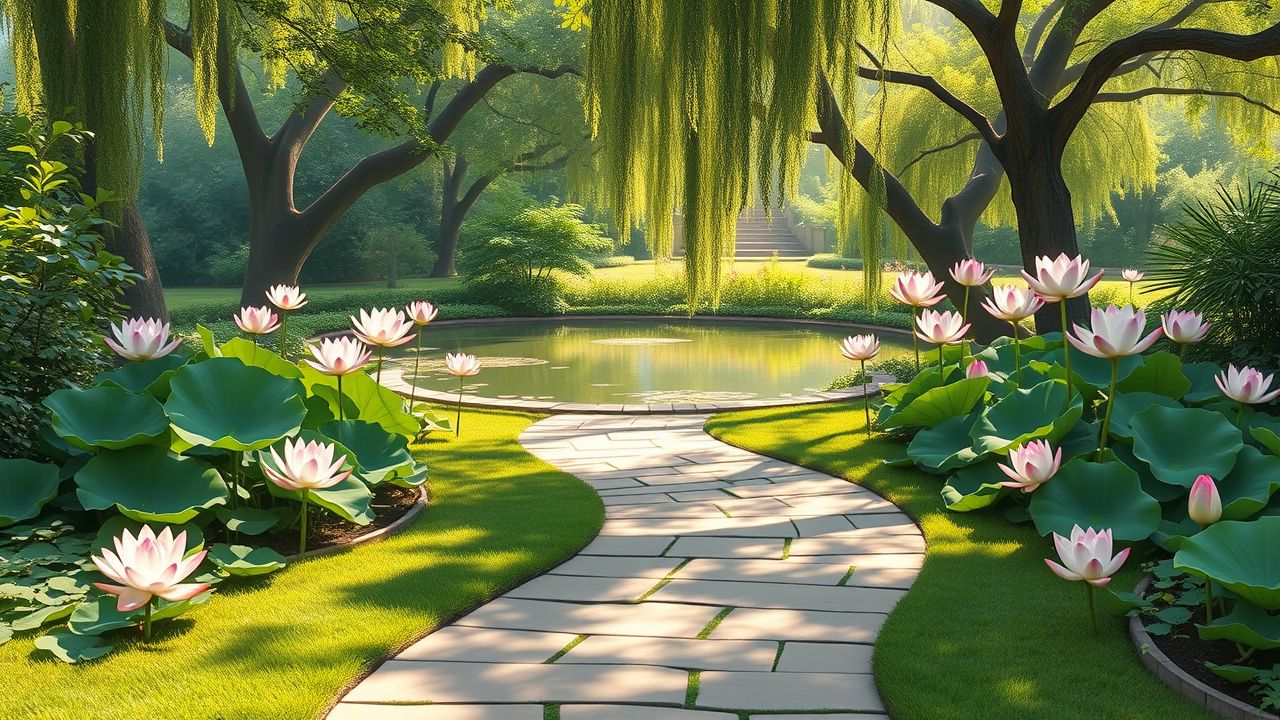 Een vredige tuin met een pad naar een serene vijver en bloeiende lotusbloemen.
