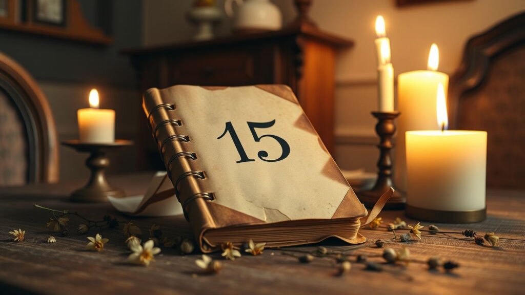 Een oude notitieboek met gedroogde bloemen en kaarsen op tafel.