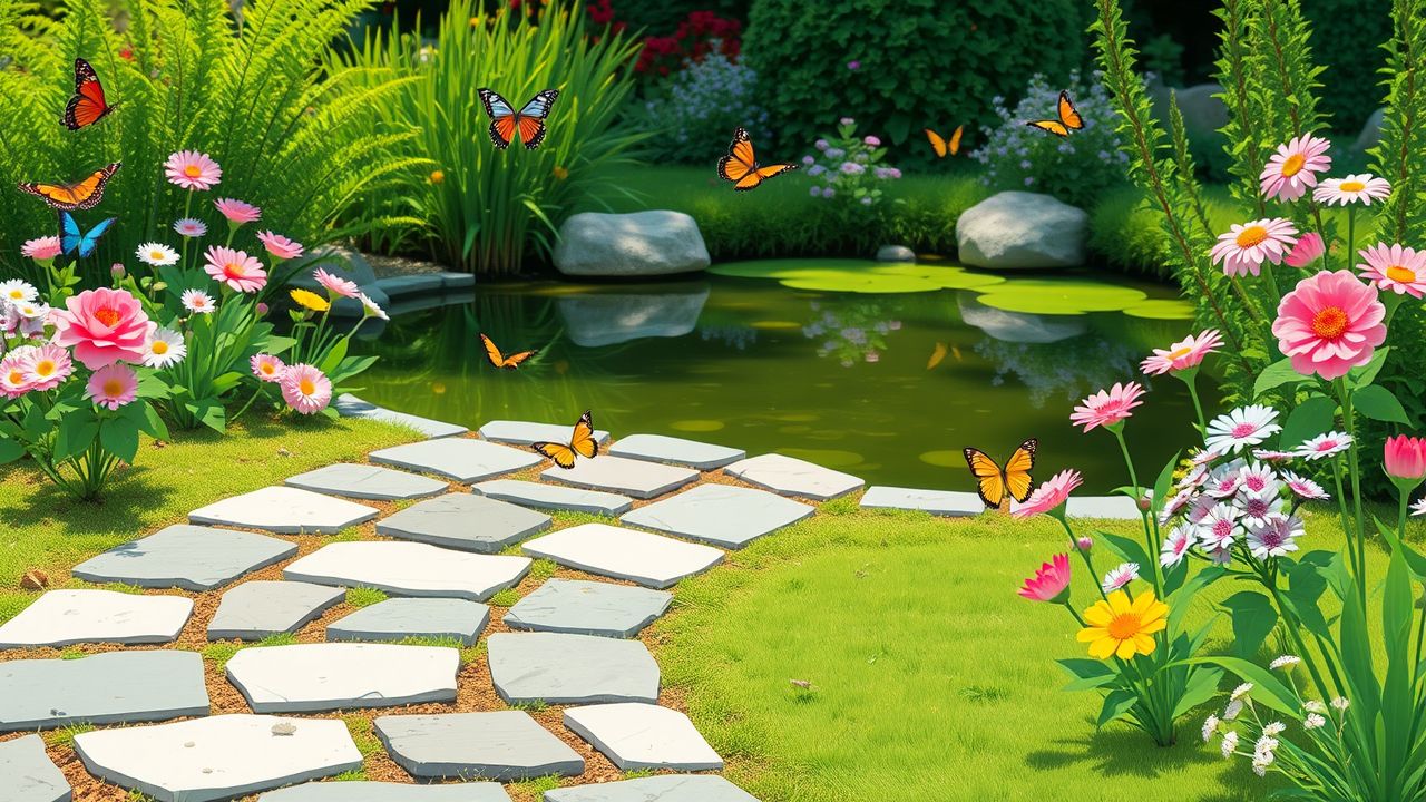 Een rustige tuin met bloemen, vlinders en een vijver.