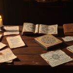 Een oude tafel vol met verspreide notities en numerologie boeken.